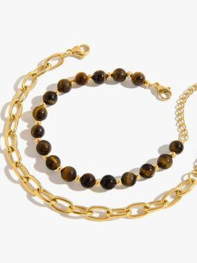 BUNDLE 2 Bracelets Waterproof Gold Paperclip Chain + Tiger Eye Beaded Bracelets